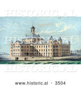 Historical Illustration of People on the Beach at New Alms House for the City of Boston in Massachusetts, on Deer Island by Al