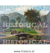 Historical Illustration of People Traveling Quickly over a Bridge in a Stagecoach Towards a Village by Al