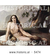 Historical Illustration of Sorrowful Mary Magdalene Seated Nude with a Human Skull and Cross by Al
