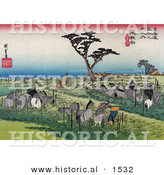 Historical Illustration of Travelers Resting Under a Pine Tree Beside Grazing Horses near the Chiryu Station on the Tokaido Road by Al