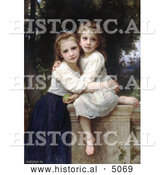 Historical Illustration of Two Sisters Hugging on a Stone Wall, by William-Adolphe Bouguereau by Al