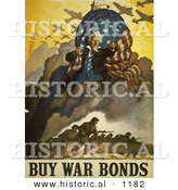 Historical Illustration of Uncle Sam over Military Troops - Buy War Bonds Poster by Al