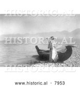 Historical Image of Kutenai Indian Woman with Canoe 1910 - Black and White by Al