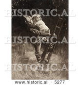 Historical Painting of a Fireman Rescuing a Little Girl, Carrying Her on His Shoulder While Climbing down a Ladder During a Building Fire by Al