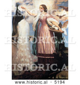 Historical Painting of a Girl in a Pink Dress Feeding Peacocks by Frederic Lord Leighton by Al