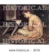 Historical Painting of a Girl Sitting on a Carpet, Reading a Book at a Reading Desk by Frederic Lord Leighton by Al