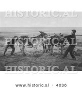 Historical Photo of Boys Trying to Move a Stubborn Donkey on an England Beach - Black and White Version by Al