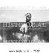 Historical Photo of Cheyenne Native on a White Horse - Black and White by Al