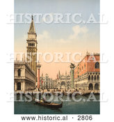 Historical Photochrom of a Bell Tower and Boats, Venice, Italy by Al