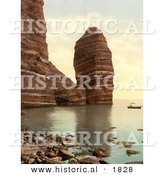 Historical Photochrom of a Boat near the Monk and Preacher’s Pulpit Formations in Heligoland by Al