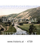 Historical Photochrom of a Building and Road Along the Wye River in Mansal Dale, Derbyshire, England by Al