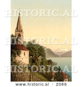 Historical Photochrom of a Church on Geneva Lake, Dent Du Midi Mountains by Al