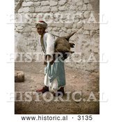 Historical Photochrom of a Man Carrying an Animal Carcass on His Back, Jerusalem by Al