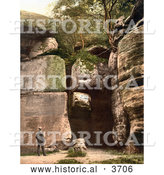 Historical Photochrom of a Man Reading the Carved Text on the High Rocks in Tunbridge Wells Kent England UK by Al