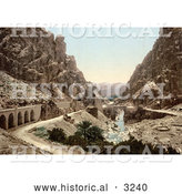 Historical Photochrom of a Road, Bridge and Stream in a Ravine, El Cantara, Algeria by Al