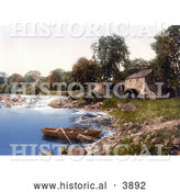 Historical Photochrom of a Rowboat on the Shore of the River Eden near Waterfalls and the Old Woollen Mill in the Lake District Armathwaite Cumbria England UK by Al