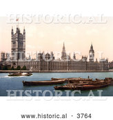 Historical Photochrom of a Steamboat on the Thames River, Passing by the Houses of Parliament and the Big Ben Clock Tower in London England UK by Al