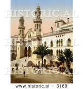 Historical Photochrom of a Steret Scene in Front of the Cathedral, Algiers, Algeria by Al