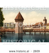 Historical Photochrom of a Water Tower and Chapel Bridge in Switzerland by Al