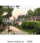 Historical Photochrom of a Woman Walking Along the Road and a Man Pushing a Wheelbarrow near the Castle Tower in Ross-On-Wye Herefordshire England UK by Al