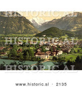 Historical Photochrom of Aare River, Interlaken and Jungfrau in Switzerland by Al