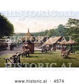 Historical Photochrom of Benches and Ticket Booths at the Tram Station in Laxey, Isle of Man, England by Al