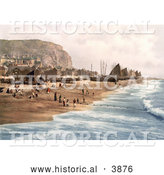 Historical Photochrom of Blue Ocean Waves Rolling Towards Ships, Net Shops and People on the Beach at the Fish Market on the East Cliff in Hastings East Sussex England UK by Al