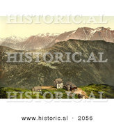 Historical Photochrom of Buildings on a Cliff in the Swiss Alps by Al