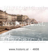 Historical Photochrom of Carts Lined up on the Shore in Front of Beachfront Buildings in Hastings Sussex England by Al