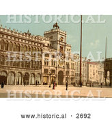 Historical Photochrom of Clock Tower in St Marks Place, Venice by Al