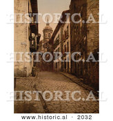 Historical Photochrom of Cobbled Street Scene in Fuenterrabia, Spain by Al