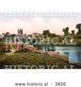 Historical Photochrom of Fence and Gate on the River Wye near Buildings and the Hereford Cathedral in Hereford West Midlands England UK by Al
