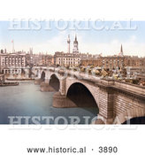 Historical Photochrom of Horse Drawn Carriage Traffic on the London Bridge over the Thames River London England UK by Al