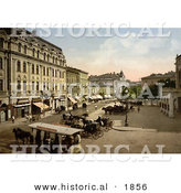 Historical Photochrom of Horse Drawn Carriages and Trolly, Theaterplatz, Bukharest, Rouma by Al