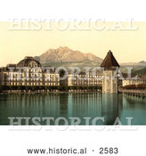 Historical Photochrom of Kapellbrucke and Wasserturm in Switzerland by Al