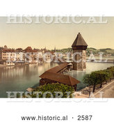 Historical Photochrom of Kapellbrucke Chapel Bridge and Wasserturm, Lucerne, Switzerland by Al