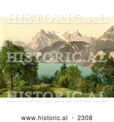 Historical Photochrom of Mountains near Lake Lucerne, Switzerland by Al