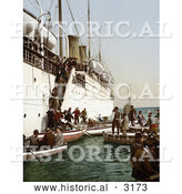 Historical Photochrom of People Boarding on Smaller Boats, Leaving a Big Ship, Algeria by Al