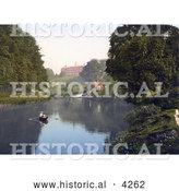 Historical Photochrom of People Boating in the River Severn by the Shrewsbury School in Shrewsbury, Shropshire, England, United Kingdom by Al