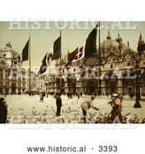 Historical Photochrom of People Feeding Birds at St Mark’s Square by Al