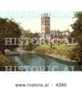 Historical Photochrom of People on the Bank of the River Cherwell near the Magdalen Great Tower in Oxford Oxfordshire England by Al