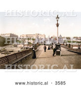 Historical Photochrom of People Strolling on the Bench Lined Pier near the Royal Hotel and Pier Restaurant in Southend-On-Sea Essex England UK by Al