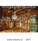 Historical Photochrom of Room Interior with a Chandeleir by Al