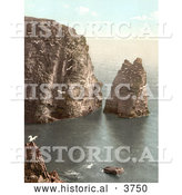 Historical Photochrom of Seagulls Flying over the Water near Loaf Rock at Port St. Mary Isle of Man England by Al