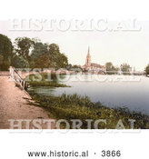 Historical Photochrom of the All Saints Church and Marlow Bridge in Great Marlow Buckinghamshire London England UK by Al