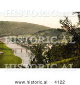 Historical Photochrom of the Bridge over the River Wye and the Ruins of the Abbey in Tintern Monmouthshire Wales England UK by Al