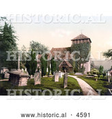Historical Photochrom of the Graveyard at an Old Ivy Covered Church in Wonastow Monmouth Wales Monmouthshire Gwent England UK by Al
