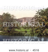 Historical Photochrom of the Great Malvern Priory Church on the River Severn in Malvern, Worcestershire, England by Al
