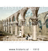 Historical Photochrom of the Great Mosque of Baalbek: Colonnade of the Ruins of the Omayyad Mosque in Baalbek, Lebanon by Al