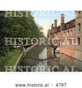 Historical Photochrom of the Mathematical Wooden Bridge over the River Cam at Queen’s College, Cambridge, England by Al